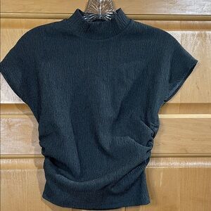 Zara Black Textured Mock Neck Short Sleeve Top